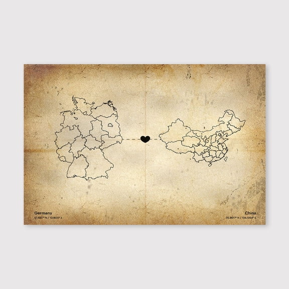 Germany China Map Canvas Wall Art 8x12 inch -Germany China Map Rustic Canvas Wall Artwork with Antique Neutral Interior Style