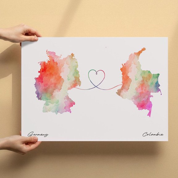 Germany Colombia Map Canvas Wall Art 8x12 inch – Germany Colombia Map Modern Artistic Canvas Print – Soft Watercolor Decor Artwork