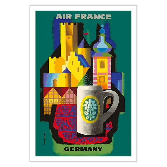 Germany - France - Vintage Airline Travel Poster by Jacques Nathan-Garamond c.1963 - Fine Art Matte Paper Print (Unframed) 30x44in