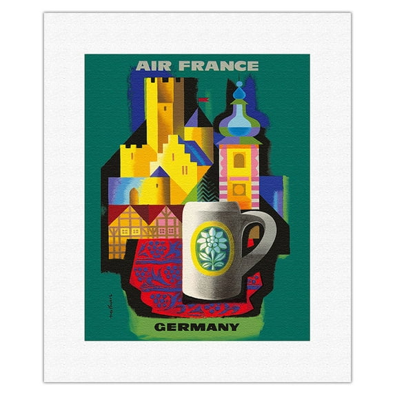 Germany - France - Vintage Airline Travel Poster by Jacques Nathan-Garamond c.1963 - Fine Art Rolled Canvas Print 11in x 14in