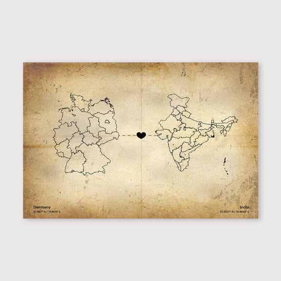 Germany India Connection Map Canvas Wall Art 8x12 inch -Germany India Connection Map Rustic Canvas Wall Decor with Old World Vintage Style for Home Office