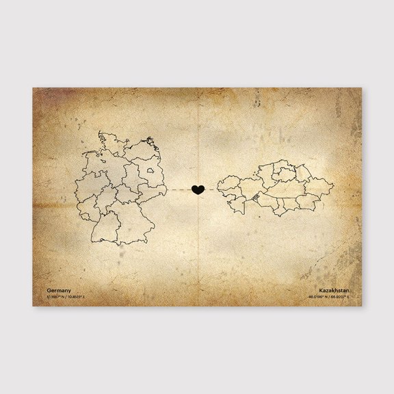 Germany Kazakhstan Map Canvas Wall Art 8x12 inch -Germany Kazakhstan Map Rustic Canvas Wall Decor with Timeless Antique Style Artwork