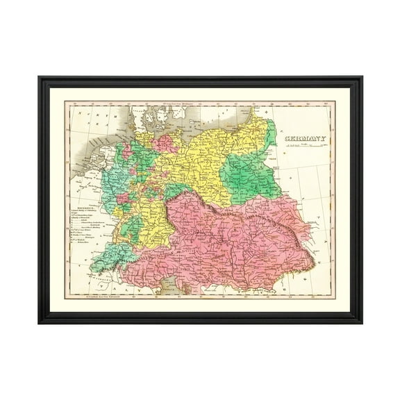 Germany Map, 1831 Vintage Map of Germany History Wall Decor Gift, Old Germany Map - 24" x 18" Black Framed Print