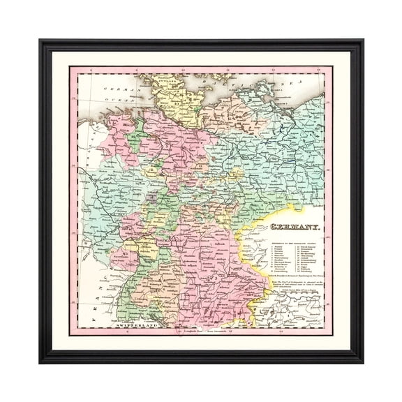 Germany Map, 1842 Vintage Map of Germany History Wall Decor Gift, Old Germany Map - 24" x 24" Black Framed Print