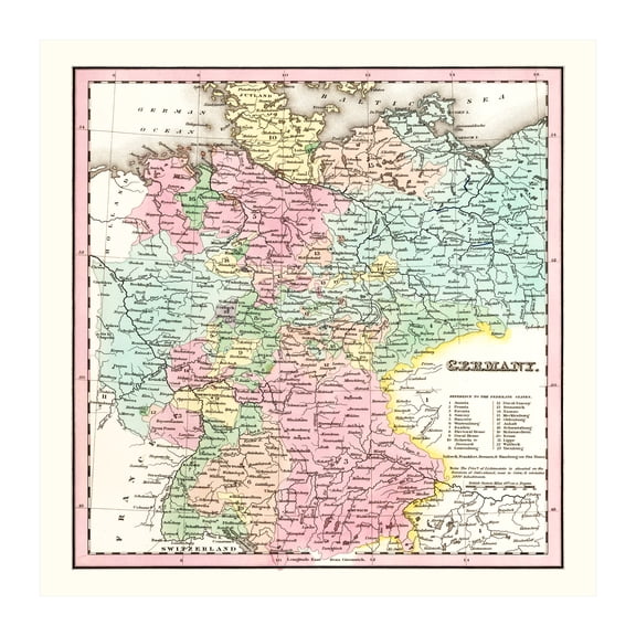 Germany Map, 1842 Vintage Map of Germany History Wall Decor Gift, Old Germany Map - 42" x 42" Unframed Print