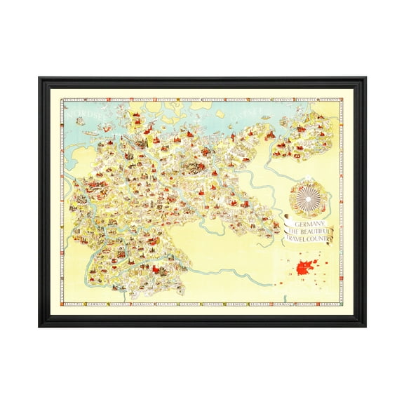 Germany Map, 1936 Vintage Map of Germany History Wall Decor Gift, Old Germany Map - 24" x 18" Black Framed Print