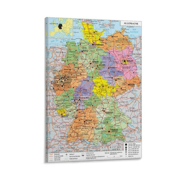 Germany Map Posters Canvas Poster Wall Art Picture Prints Hanging Photo Gift Decor Home Posters Artworks 24x36inch(60x90cm)