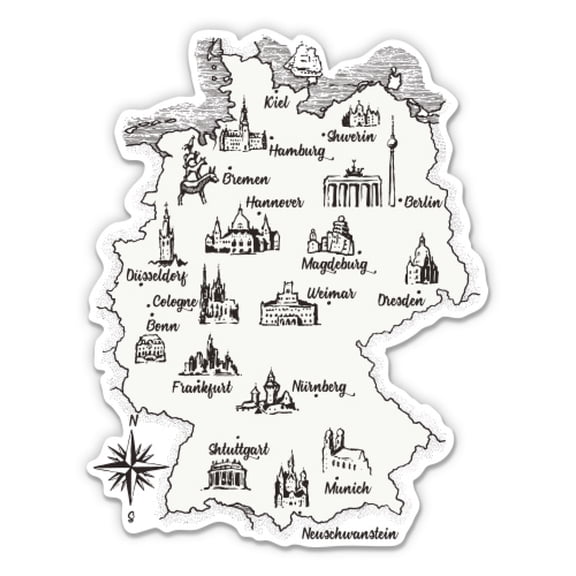 Germany Map with Cities Travel - 12" Vinyl Sticker Waterproof Decal