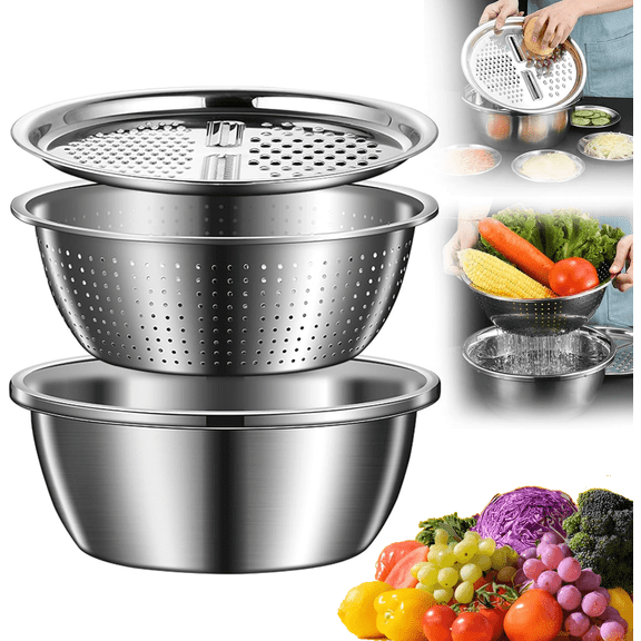 Germany Multifunctional Stainless Steel Basin , 3 in 1 Multifunctional Stainless Steel Basin Strainer Set, Kitchen Grater Set , Strainer and Drain Basket for Vegetables, Vegetable Cutter/11.02inch