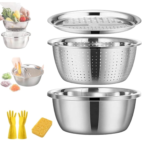 Germany Multifunctional Stainless Steel Basin, 3 in 1 Multipurpose Drain Basket Grater Basin Bowl with Grating and Slicing Bowl, Kitchen Colander Strainer Set for Vegetables