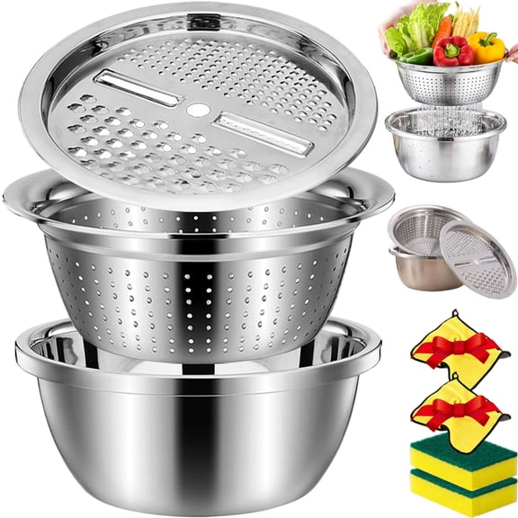 Germany Multifunctional Stainless Steel Basin, 4 in 1 Stainless Steel Shredding & Drainage Chopping Basin, Rice Rinser, with Colander & Grater for Kitchen, Salad, Vegetables Fruits (10.2in)