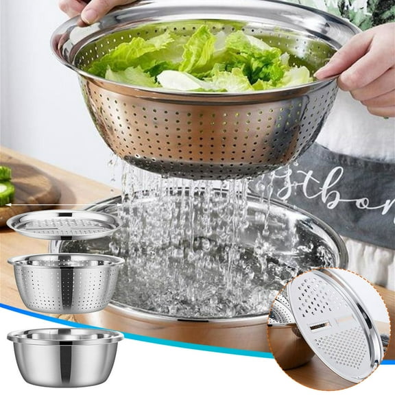 Germany Multifunctional Stainless Steel Basin, Colander Strainer Set, 3 In 1 Graters Cheese Grater Salad Maker Bowl Drain Basin, Rice Rinser Food Graters with Container for Kitchen