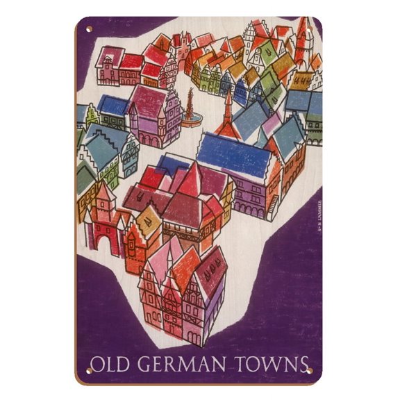 Germany - Old German Towns - Vintage Travel Poster by Sigrid and Hans Lämmle c.1950s - 8 x 12 inch Vintage Wood Art Sign