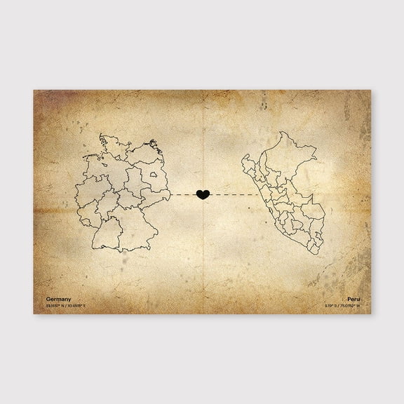 Germany Peru Connection Map Canvas Wall Art 8x12 inch -Germany Peru Connection Map Antique Style Canvas Artwork for Living Room Rustic Neutral Home Decor