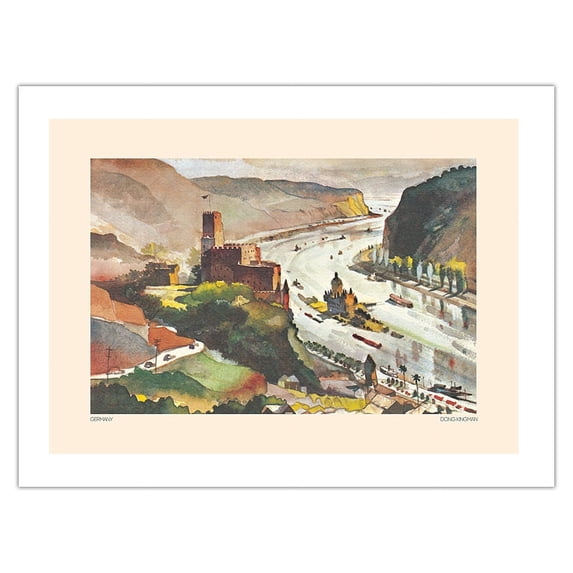 Germany - Pfalzgrafenstein Castle - Pan American World Airways - Vintage Airline Travel Poster by Dong Kingman - Bamboo Fine Art 290gsm Paper Print (Unframed) 18x24in