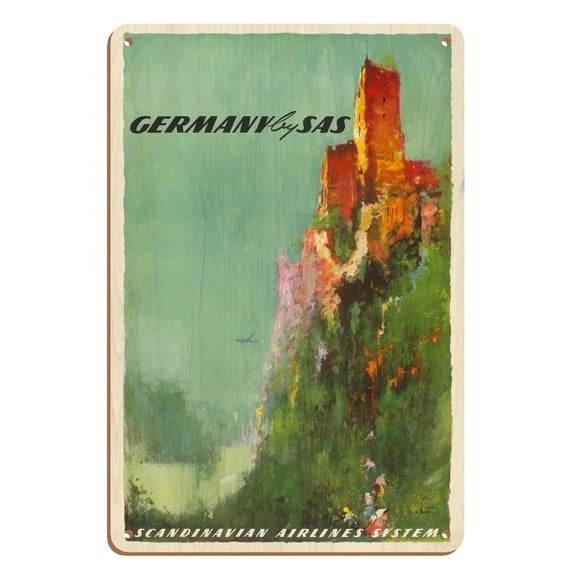 Germany - Rhine River Valley Castle - SAS Scandinavian Airlines System - Vintage Airline Travel Poster by Otto Nielsen c.1950s - 8 x 12 inch Vintage Wood Art Sign