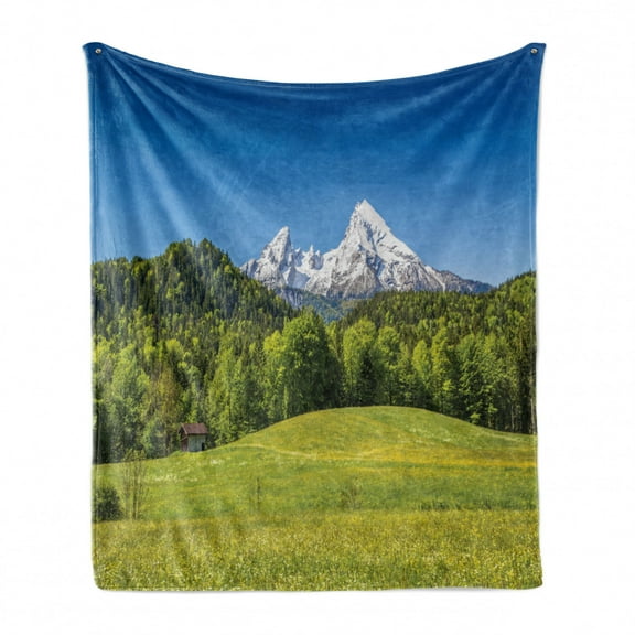 Germany Soft Flannel Fleece Throw Blanket, Bavarian Alps Village of Berchtesgaden and Watzmann Germany, Cozy Plush for Indoor and Outdoor Use, 50" x 60", Forest Green Fern Green, by Ambesonne