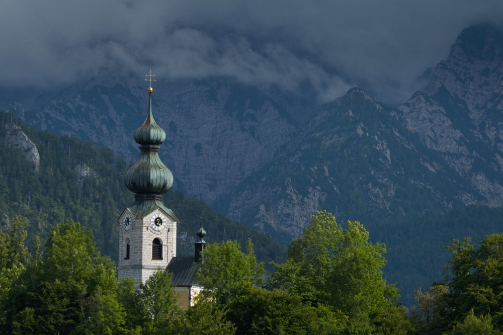Germany Stormy clouds behind Ruhpolding church Bavaria Canvas Art - Ian Cumming Design Pics (38 x 24)