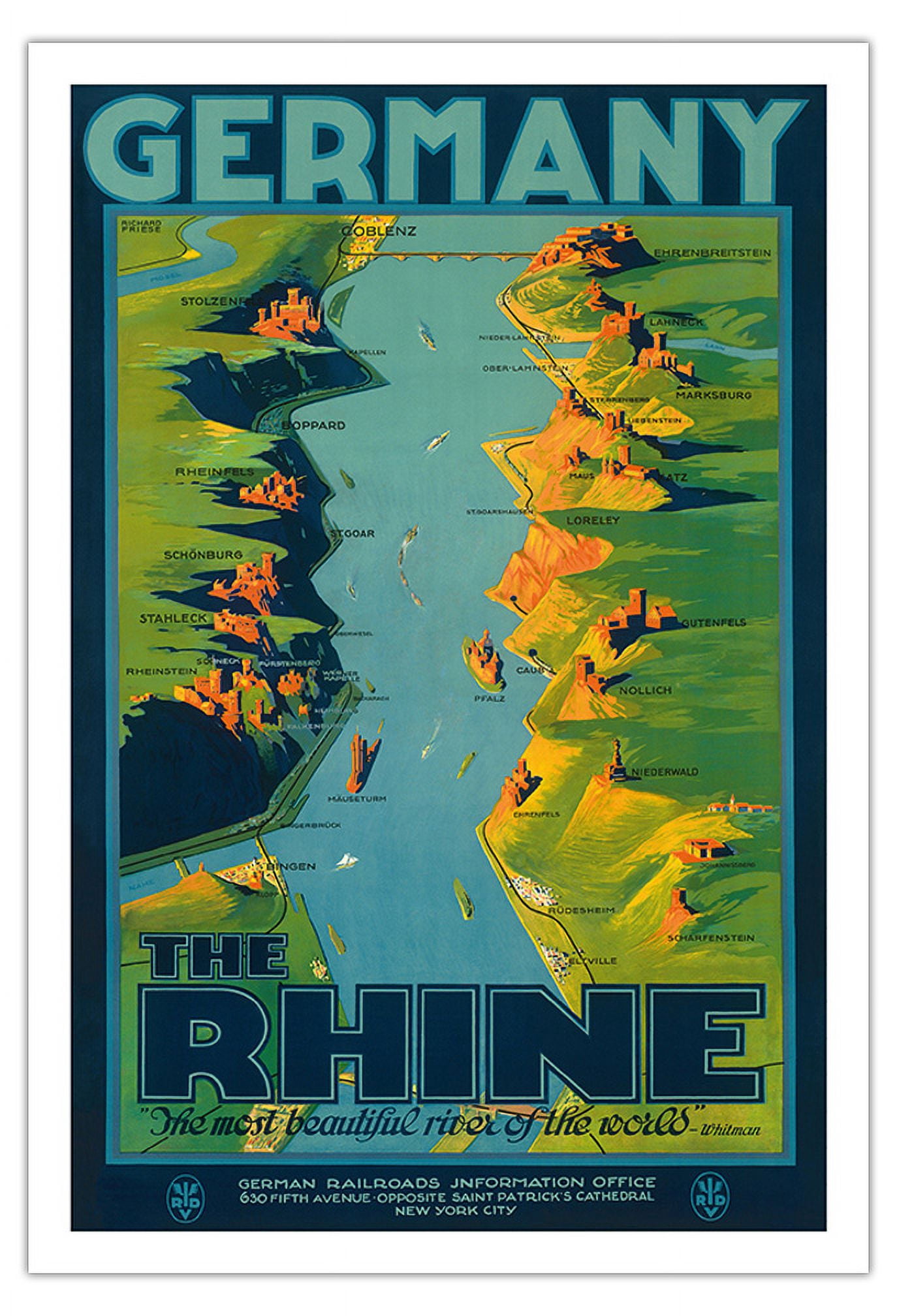 Famous Rivers Poster Germany - The Rhine - “The Most Beautiful River of the World” Walt ...