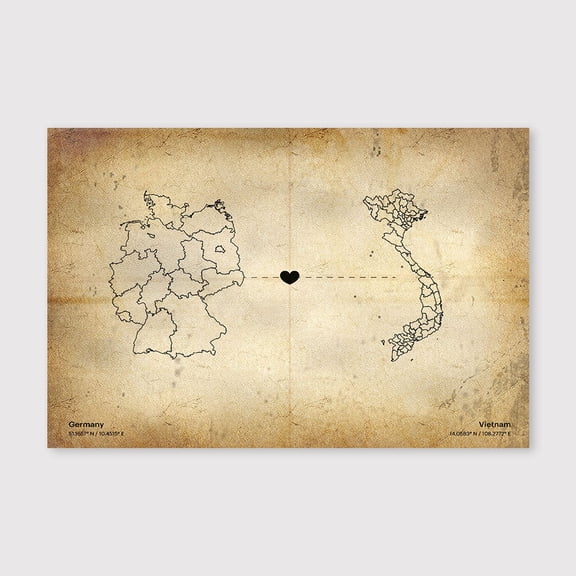 Germany Vietnam Map Canvas Wall Art 8x12 inch -Germany Vietnam Map Antique Rustic Canvas Decor for Study Room and Home Office