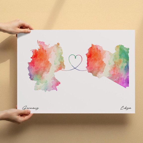 Germany to Libya Map Canvas Wall Art 8x12 inch – Germany to Libya Map Watercolor Artwork Canvas – Contemporary Home Decor Poster
