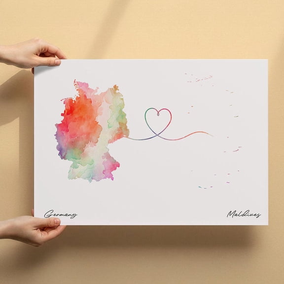 Germany to Maldives Map Canvas Wall Art 8x12 inch – Germany to Maldives Map Artistic Canvas Print – Elegant Watercolor Decoration for Living Room