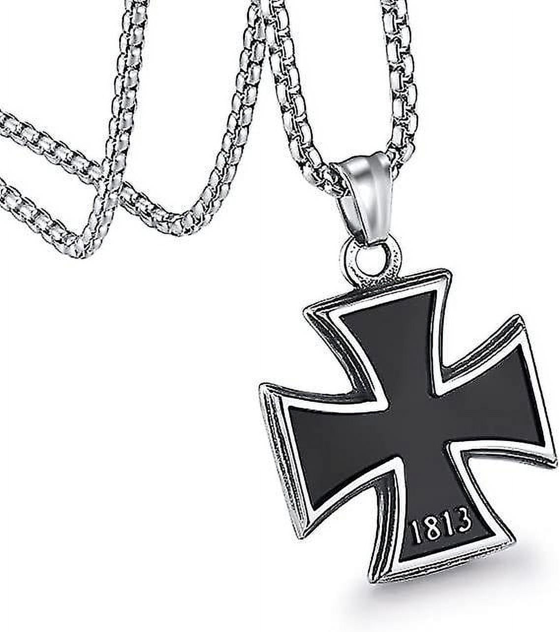 Knights Templar Vintage Iron Cross Pendant Necklace - Stainless Steel, 24 Inch Chain, Unisex Gift (Black)