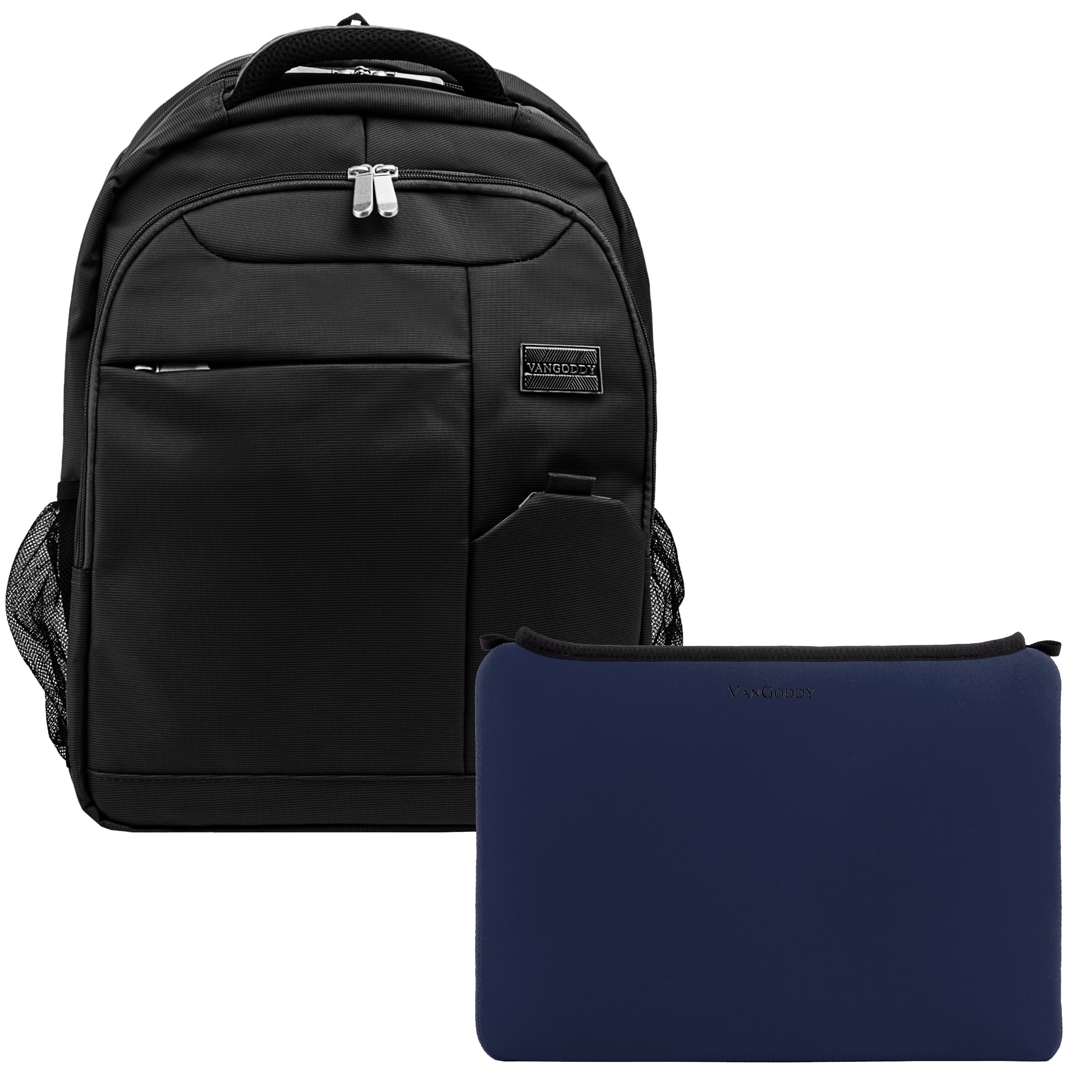 Germini Series Multi-Compartment Nylon Backpack With Padded Straps, Zippered Pockets And Colorful Neoprene Smart Sleeve for 15 Inch Laptops / Tablets Bundle(Black)(Navy Blue)