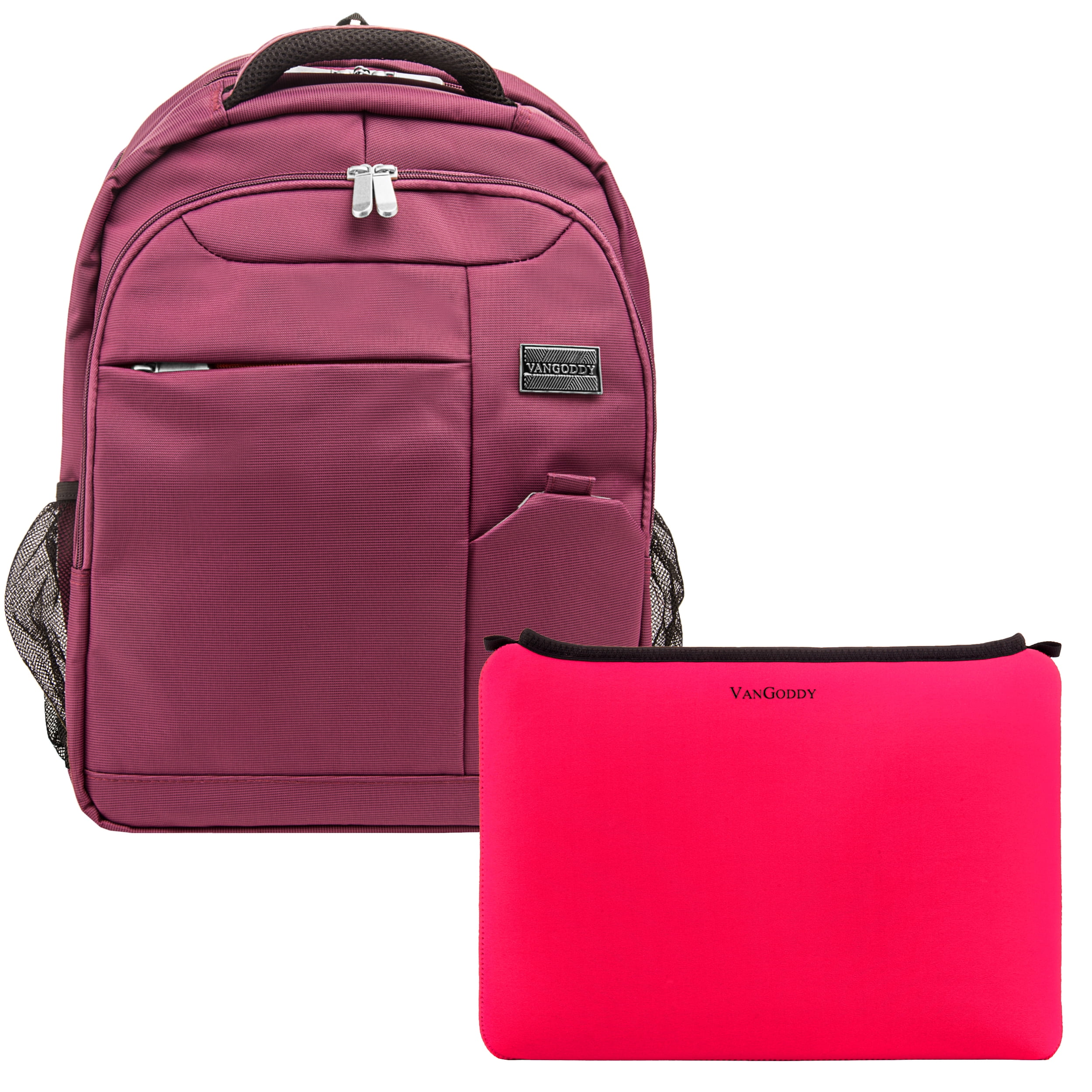 Germini Series Multi-Compartment Nylon Backpack With Padded Straps, Zippered Pockets And Colorful Neoprene Smart Sleeve for 15 Inch Laptops / Tablets Bundle(Purple)(Pink)