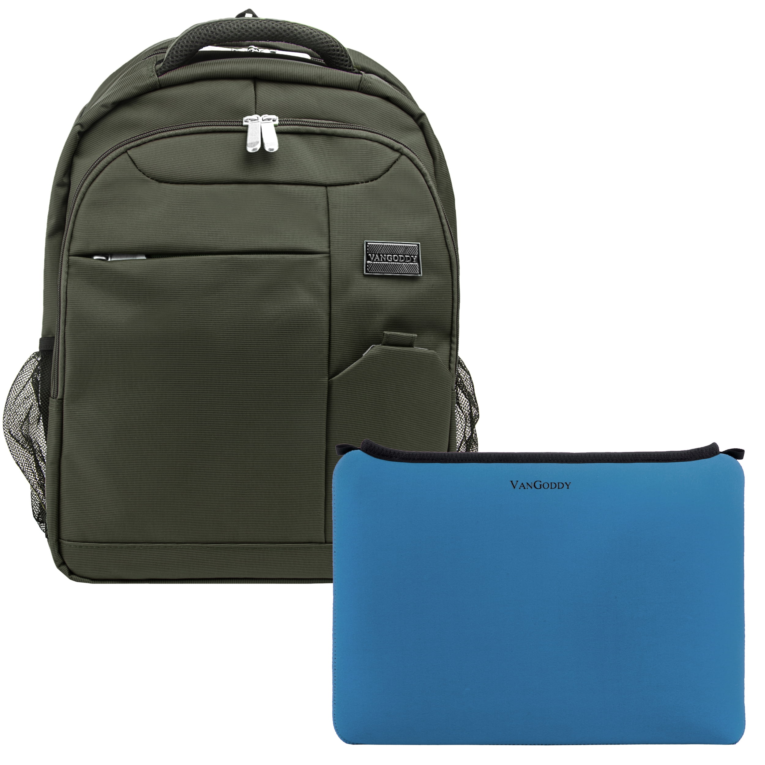 Germini Series Multi-Compartment Nylon Backpack With Padded Straps, Zippered Pockets And Colorful Neoprene Smart Sleeve for 15 Inch Laptops / Tablets Bundle(Olive)(Blue)