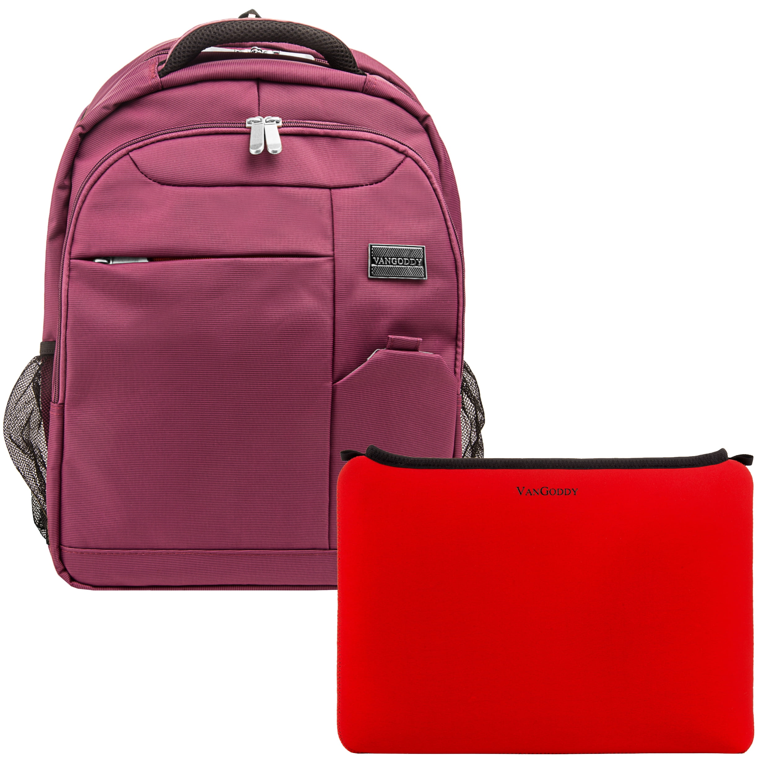 Germini Series Multi-Compartment Nylon Backpack With Padded Straps, Zippered Pockets And Colorful Neoprene Smart Sleeve for 15 Inch Laptops / Tablets Bundle(Purple)(Red)