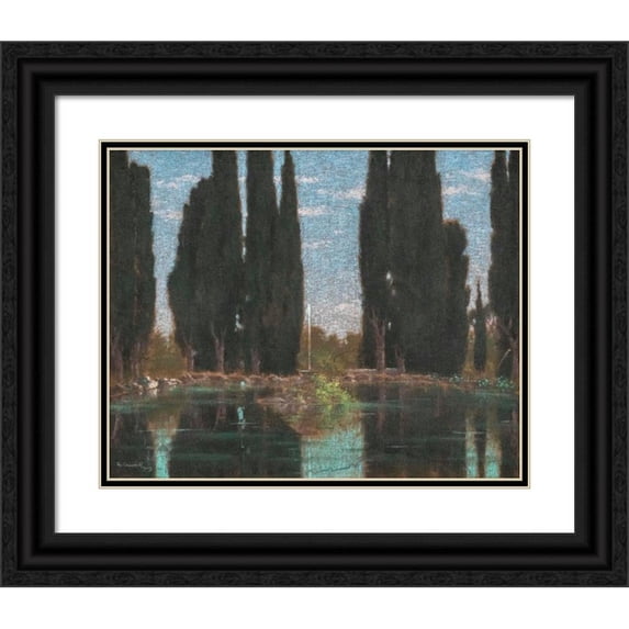 Gerolamo Cairati 14x12 Black Ornate Wood Framed Double Matted Museum Art Print Titled: The Cypress Pond in Villa Falconieri (1909)