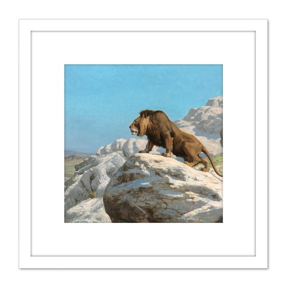 Gerome Lion On The Watch 8X8 Inch Square Wooden Framed Wall Art Print Picture with Mount