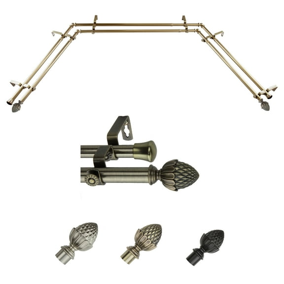 Gerrel 13/16" Bay Window Double Curtain Rod 20"-36", 38"-72" - Antique Brass