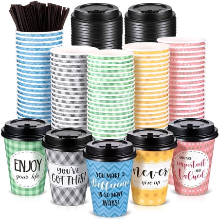Gerrii 100 Pack Disposable Coffee Cups With Lids And Straws, Motivational Paper Cups With 6 Quotes And Designs Disposable Cups For Water, Juice, Coffee, Tea, Home, Shop Cafe (Fresh Style, 12 Oz)