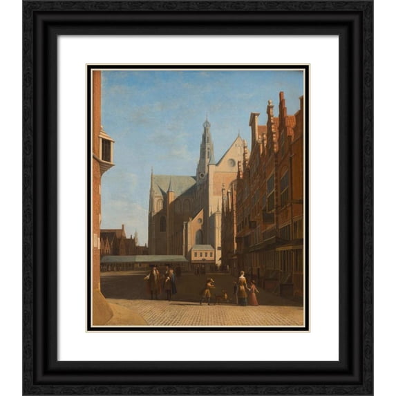 Gerrit Berckheyde 12x14 Black Ornate Wood Framed Double Matted Museum Art Print Titled: View of the Grote Kerk in Haarlem (1695)