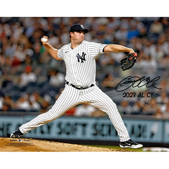 Gerrit Cole New York Yankees Autographed 16" x 20" White Jersey Pitching Photograph with "23 AL Cy Young" Inscription - Fanatics Authentic Certified