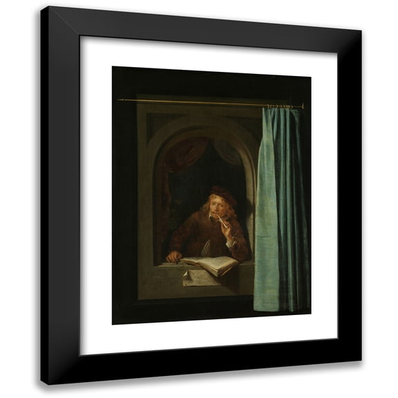 Gerrit Dou 12x14 Black Modern Framed Museum Art Print Titled - Man Smoking a Pipe (C. 1650)
