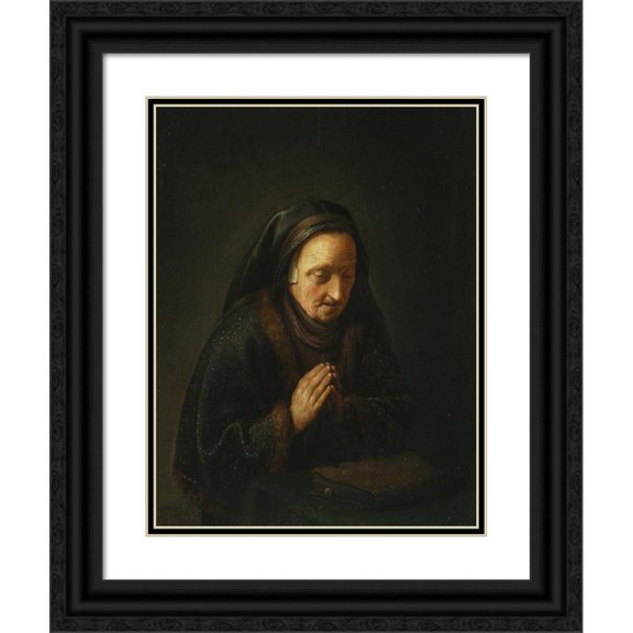 Gerrit Dou 19x24 Black Ornate Framed Double Matted Museum Art Print Titled: Praying Old Woman (1630-1635)
