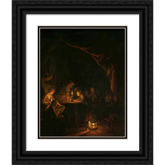 Gerrit Dou 20x24 Black Ornate Framed Double Matted Museum Art Print Titled: The Night School (C. 1660 - C. 1665)