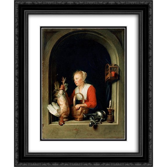 Gerrit Dou 2x Matted 20x24 Black Ornate Framed Art Print 'The Dutch Housewife or, The Woman Hanging a Cockerel in the Window'
