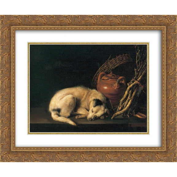 Gerrit Dou 2x Matted 24x20 Gold Ornate Framed Art Print 'A Sleeping Dog with Terracotta Pot'