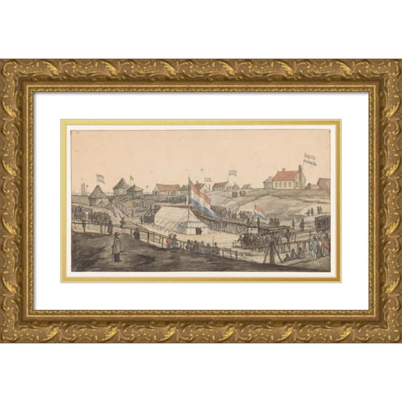 Gerrit Lamberts 24x15 Gold Ornate Framed and Double Matted Museum Art Print Titled - First -Age Laying for the Willemsluis, 1820 (1820)