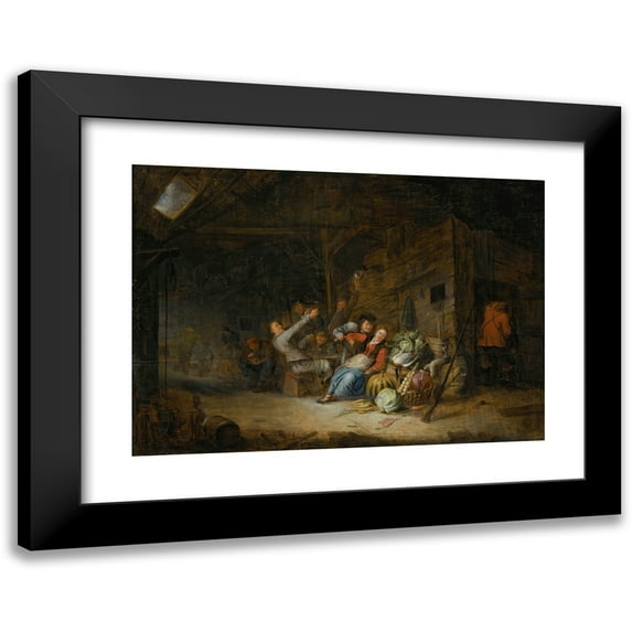 Gerrit Lundens 24x18 Black Modern Framed Museum Art Print Titled - A Barn Interior with Figures Drinking Around a Table