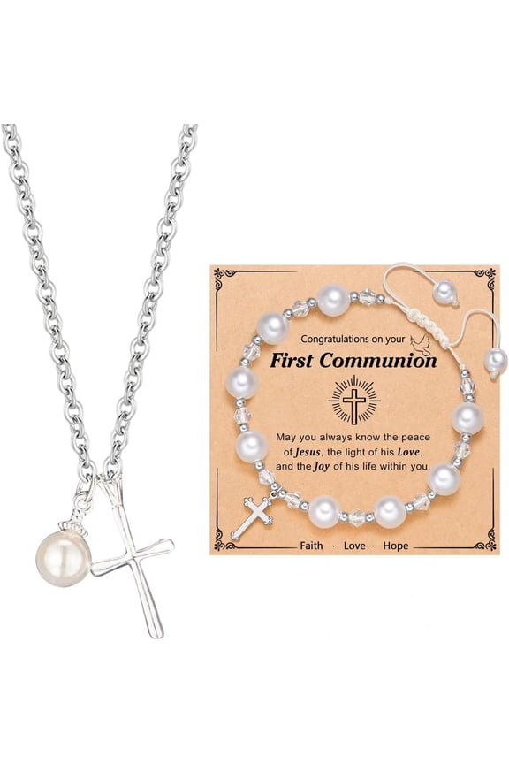 Pearl First Communion Cross Necklace Jewelry (Unisex)