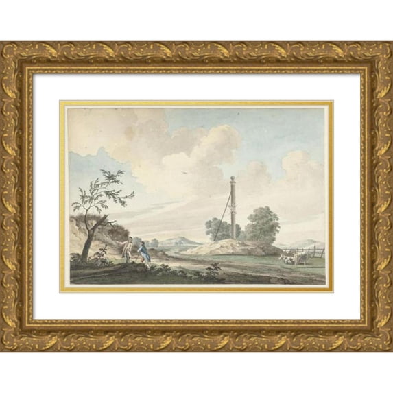 Gerrit Toorenburgh 14x11 Gold Ornate Wood Frame and Double Matted Museum Art Print Titled - Landscape Near the Duinen with a Milestone and Two Walkers (1765)