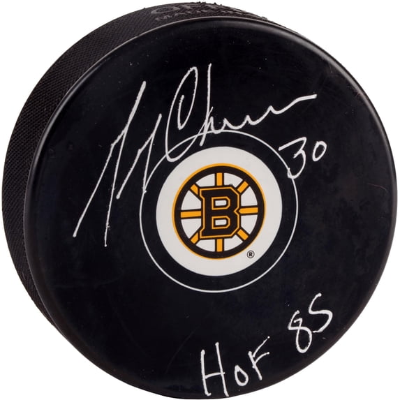 Gerry Cheevers Boston Bruins Autographed Logo Puck With "HOF 85" Inscription