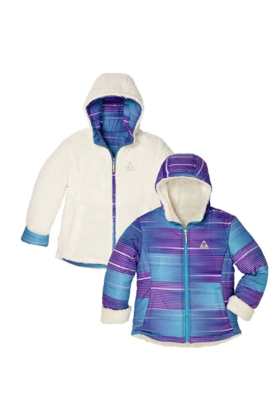 Girl's Hooded Reversible to Berber Down Jacket, Iris Print, Large