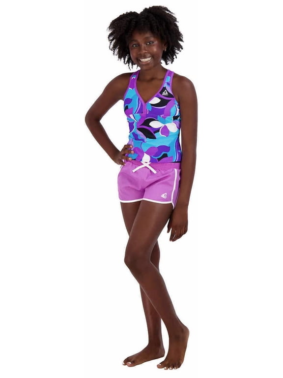 Girls 3-Piece Tankini & Shorts Swimsuit Set (as1, Alpha, s, Regular, Purple/Black)