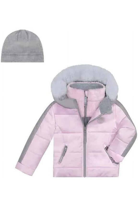 Girls Puffer Jacket 3 in 1 Youth Size 2T Pink w/ Inner Knit Jacket & Hat